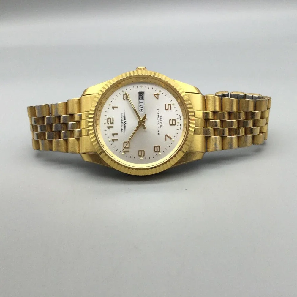 Prestige By Waltham Men Watch 36mm White Dial Gold Tone VPP012 New Battery 7.25